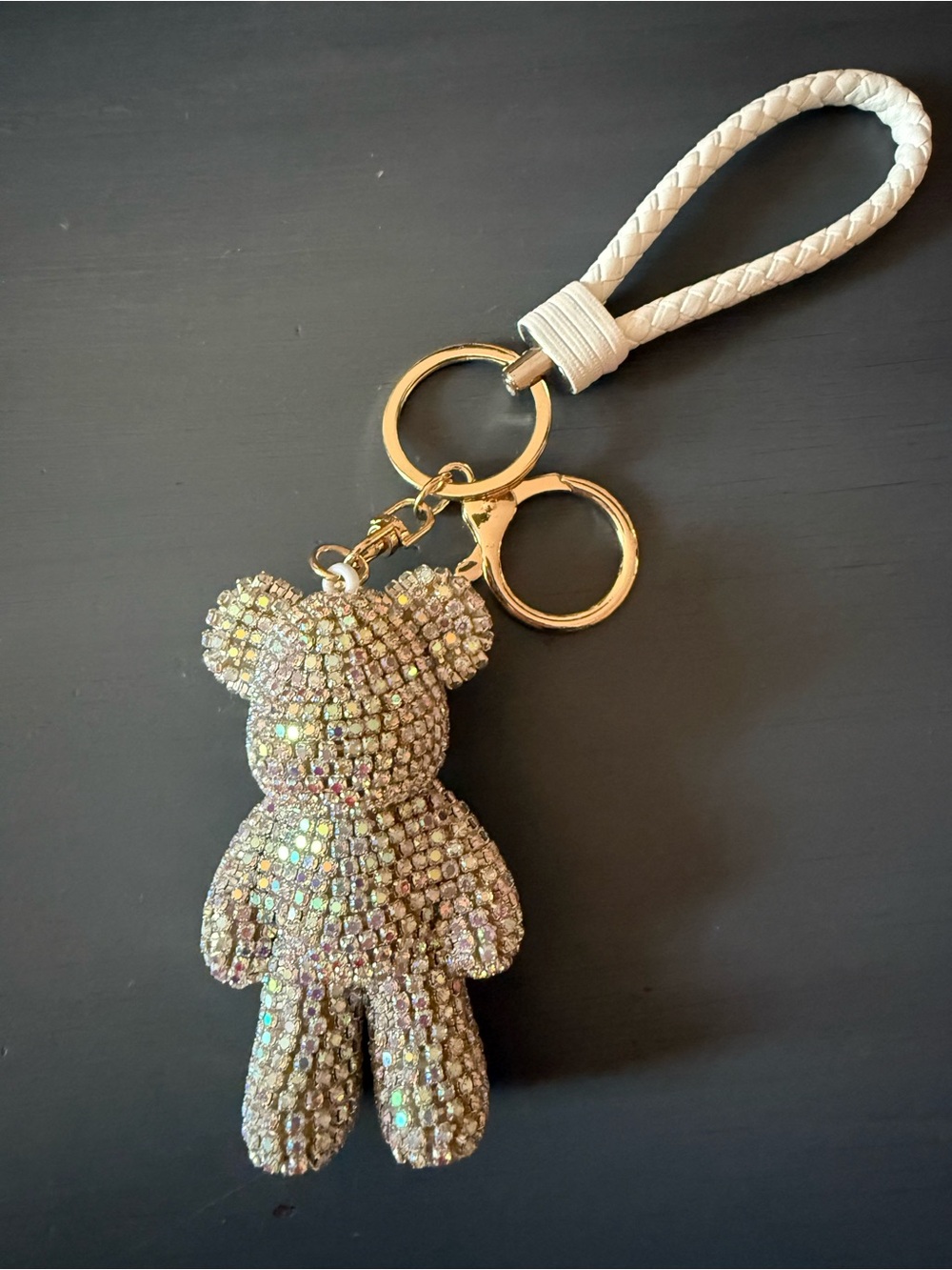 Crystal Teddy Keychain/Bag Charm with White Braided Loop